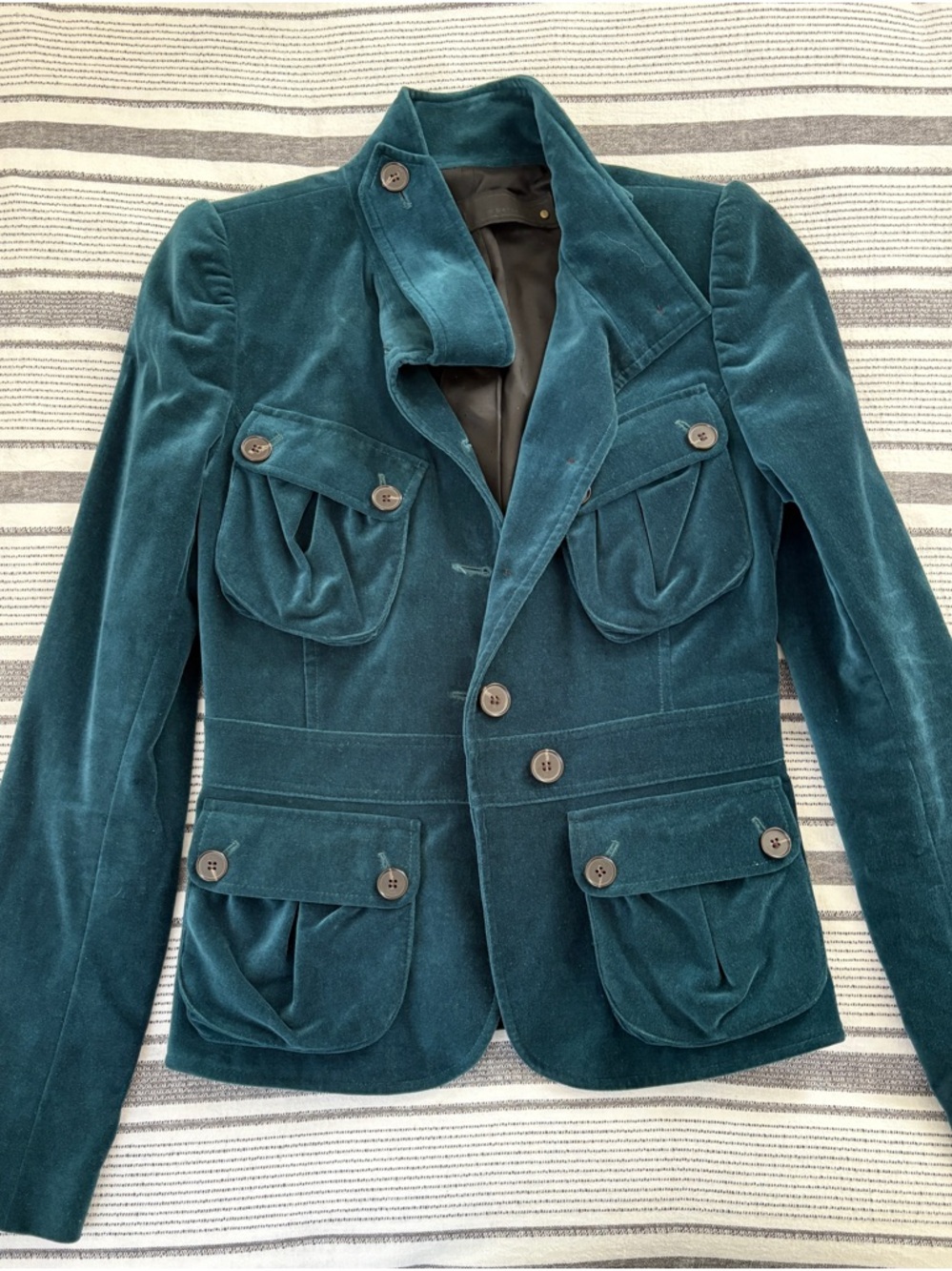 Teal Velvet Button-Front Pocket Blazer